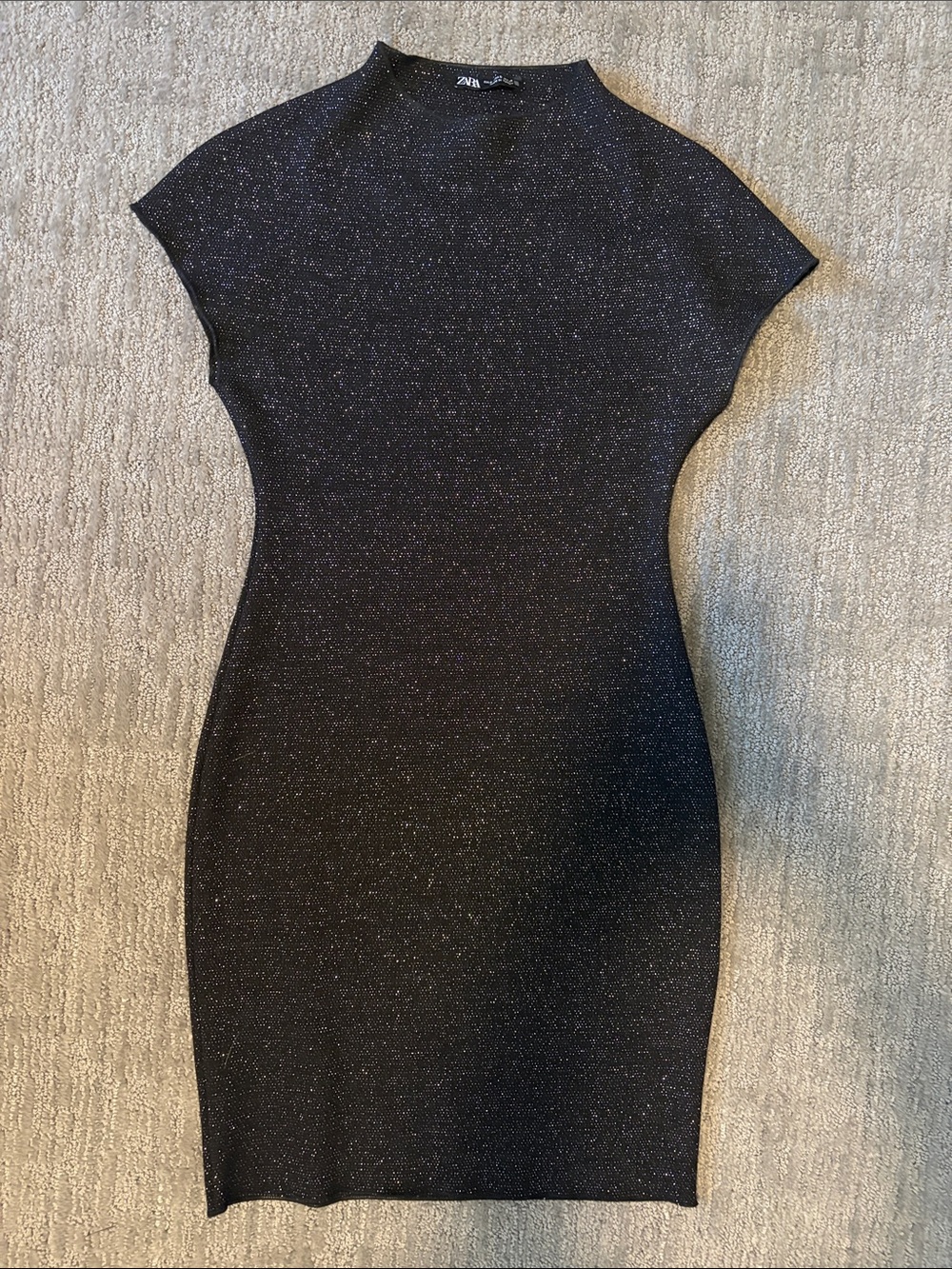Zara Black Sparkle Midi Dress with Cap Sleeves